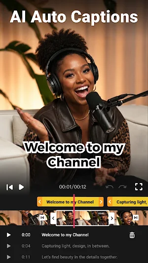 AI Auto Captions list with timed subtitle lines at 0:00, 0:04 and 0:11 under a podcast clip