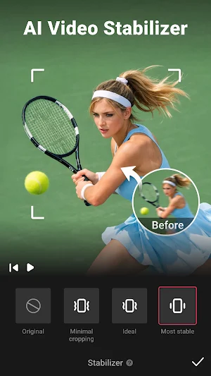 AI Video Stabilizer choices Original, Minimal cropping, Ideal and Most stable over a tennis clip