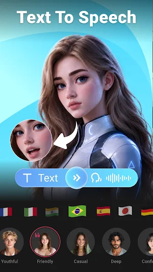 Text To Speech screen with language flags and voice styles labelled Youthful, Friendly, Casual and Deep