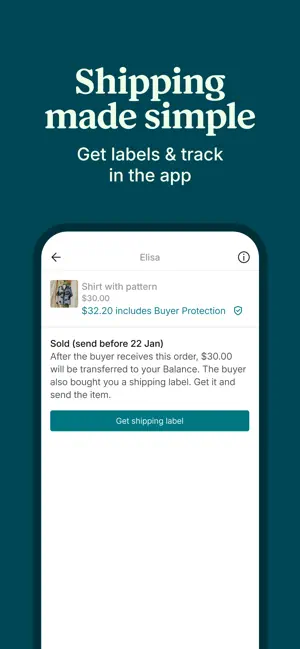Sold screen explaining the transfer and offering a shipping label