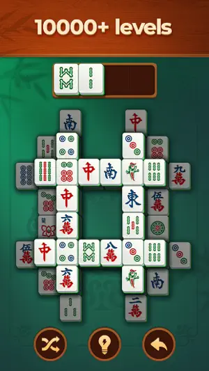 Hollow square layout of dragon, wind and circle tiles with two tiles in the tray and a '10000+ levels' banner