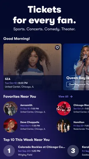 Home feed with an SZA show at United Center, Favorites Near You and a Top 10 This Week Near You list for Chicago