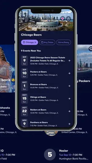 Chicago Bears page listing nine games near you at Soldier Field, with location, date and home-or-away filters