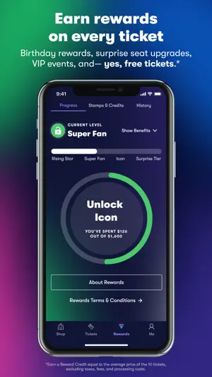 Rewards Progress tab at Super Fan level with a bar toward Icon status and $126 of $1,600 spent