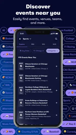 Sports explore screen showing 970 events near Chicago with NBA, NHL and MLB tabs and category chips