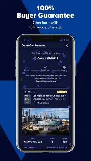 Order confirmation for three mobile tickets to Raiders at Bears, Grandstand 333, row 8, still processing
