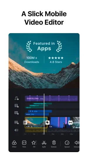 A Slick Mobile Video Editor — a mountain-lake clip above a multi-track timeline with a Barcelona music track