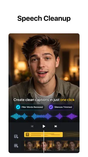 Speech Cleanup — a young man talking to camera with Filler Words Removed and Silences Trimmed badges