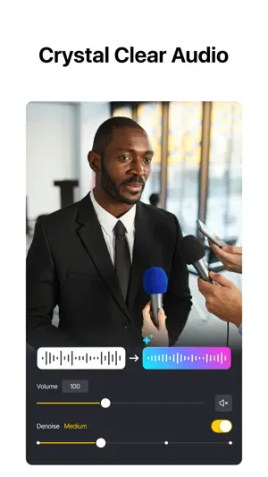 Crystal Clear Audio — a man at a press interview with a denoised waveform and volume slider