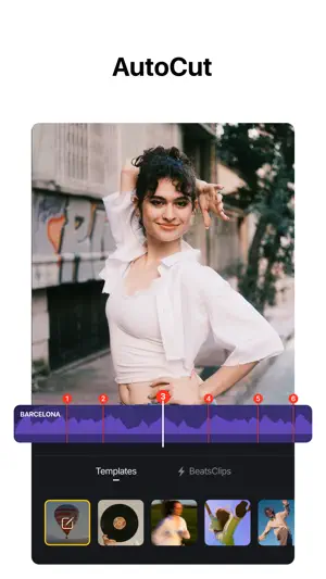 AutoCut — a dancer against a wall above a beat-marked timeline and Templates and BeatsClips tabs