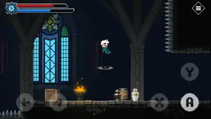 Vohenn standing before a stained-glass cathedral window with a candle and touch controls at the corners