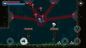 A red-veined many-eyed boss above wooden platforms in a dark cavern