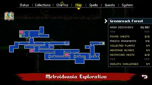 The blue minimap with Greenreach Forest stats — chests, fresco fragments, plants, altars
