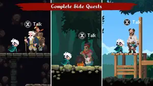 Talking to island NPCs by a campfire and on a wooden watchtower, captioned complete side quests