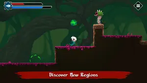 Vohenn leaping through a sunlit forest toward a glowing green gem, captioned discover new regions