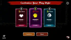 The build screen with health, power and magic cards, captioned customise your play style
