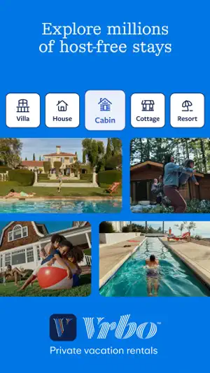 Promo screen with Villa, House, Cabin, Cottage and Resort category chips above photos of pool villas and a wooden cabin, captioned Explore millions of host-free stays