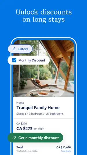 Listing card for Tranquil Family Home, sleeps 6 with 3 bedrooms, with the Monthly Discount filter on, the nightly rate cut from CA$290 to CA$273 and a CA$10,630 total that includes fees but not tax
