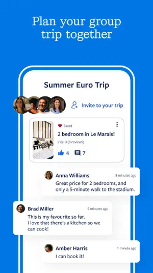 Summer Euro Trip planner with four members, a saved two-bedroom rental in Le Marais rated 7.8/10 from 9 reviews, likes and comments from the group