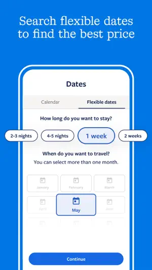 Flexible dates tab with stay lengths from 2-3 nights to 2 weeks, 1 week selected, and May chosen in a month grid