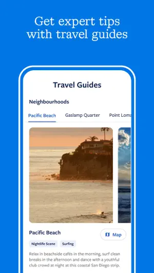 Travel Guides screen for San Diego neighborhoods with a Pacific Beach card tagged Nightlife Scene and Surfing and a Map button