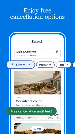Search results for Malibu, California, July 5-12 for two travelers, led by an Oceanfront condo rated 10/10 from 7 reviews with free cancellation until June 5