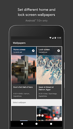Google Wallpapers screen with separate home and lock screen images: the Rock and Roll Hall of Fame and a satellite view of Qesm Al Wahat Ad Dakhlah, Egypt