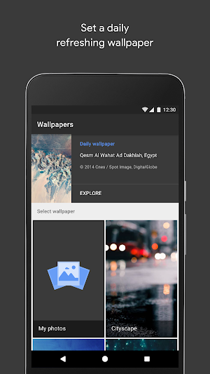 Daily wallpaper banner above the My photos and Cityscape categories in the Google Wallpapers picker