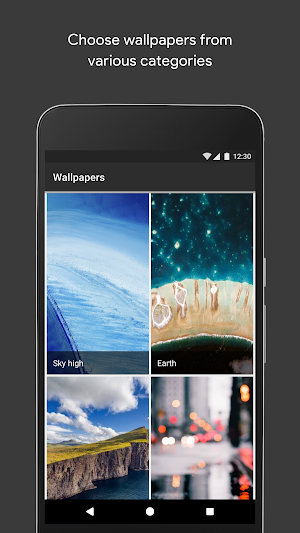 Category grid with Sky high and Earth tiles above a coastal cliff photo and blurred city lights