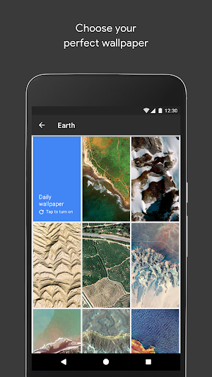 Earth category of satellite photos with a blue Daily wallpaper tile that says Tap to turn on