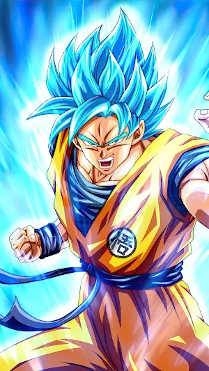 Anime fan-art wallpaper of Goku with spiky blue hair, shouting against a glowing blue background