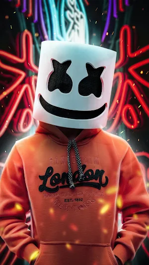 Wallpaper of a figure in a white smiling helmet and orange London hoodie in front of red and blue neon