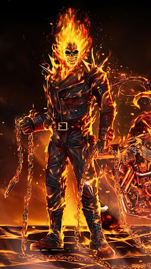 Ghost Rider wallpaper: a flaming-skull rider in a leather jacket holding a burning chain beside a motorcycle
