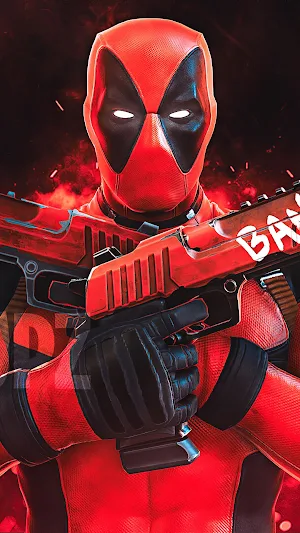 Deadpool wallpaper in his red suit, holding two oversized red pistols against red smoke