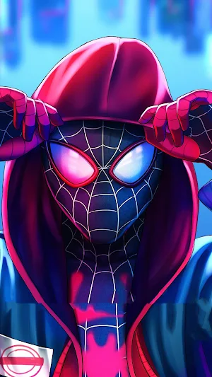 Spider-Man wallpaper in a dark web-patterned suit and pink hood, pulling the hood down with both hands
