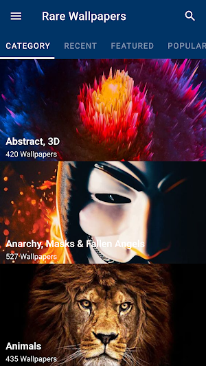 Rare Wallpapers home screen with Category, Recent, Featured and Popular tabs; Abstract, 3D lists 420 wallpapers, Anarchy, Masks & Fallen Angels 527, Animals 435