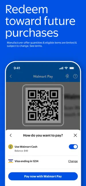 Walmart Pay QR code with a Walmart Cash balance and saved card