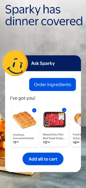 Ask Sparky assistant listing dinner ingredients with prices to add