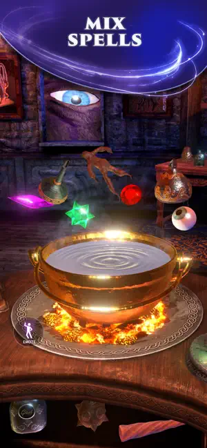 A golden cauldron surrounded by eyeballs, crystals and potions in the tower, captioned mix spells