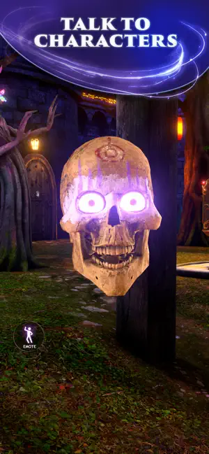 Skully the glowing-eyed skull on a shelf at night, captioned talk to characters