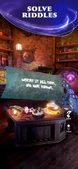 A chalkboard riddle over a cluttered workbench with a candle, captioned solve riddles