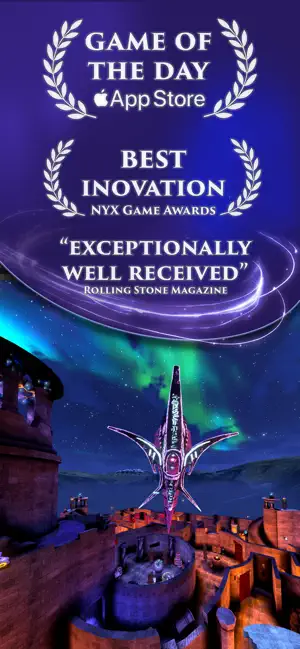Award badges — App Store Game of the Day, NYX best innovation — over an aurora sky