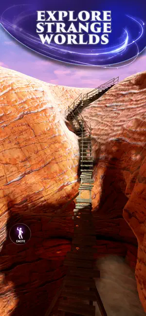 A ladder climbing a red canyon wall into blue sky, captioned explore strange worlds