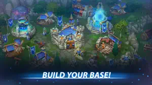 A human base with castle, farms and towers in a green valley, captioned build your base