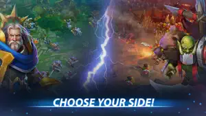 A white-bearded human hero and an orc warlord facing off under lightning, captioned choose your side