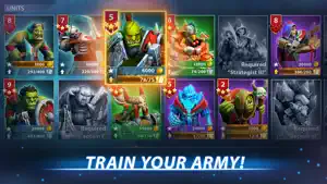 A grid of unit cards for orcs, trolls and humans with levels, captioned train your army