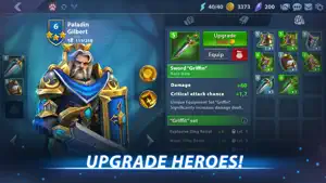 Paladin Gilbert's hero screen with a sword upgrade and stats, captioned upgrade heroes