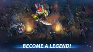 An orc hero charging with two axes through a night battle, captioned become a legend