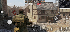 A soldier in a beret and pack walking into a timber-framed European village street with the match HUD