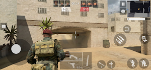 A soldier in a sand-coloured desert town beside a palm, aiming at a doorway